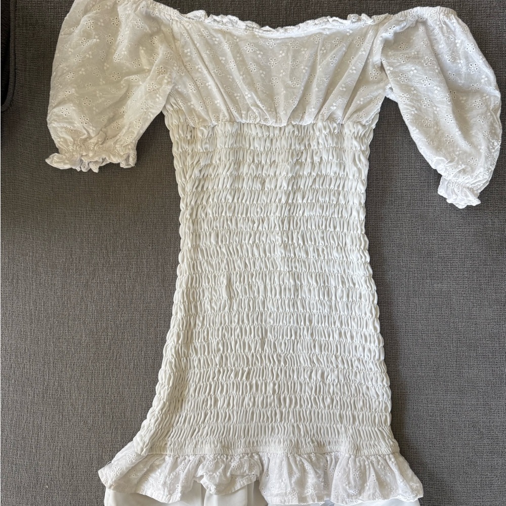 White Off-Shoulder Smocked Dress